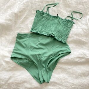 Reformation Green Smocked Bikini Top S Bottoms M